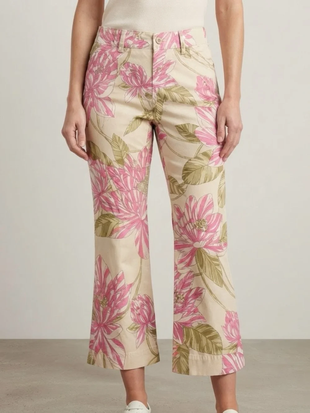 Tommy Hilfiger Pink Floral Cropped Stretch Flare Leg Pants 100% Cotton Size 6